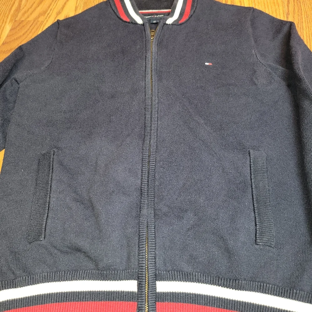 Tommy Hilfiger Blue Full ZIP Knit Sweater Navy With White Red Flag Stripes Sm/P - Picture 8 of 10